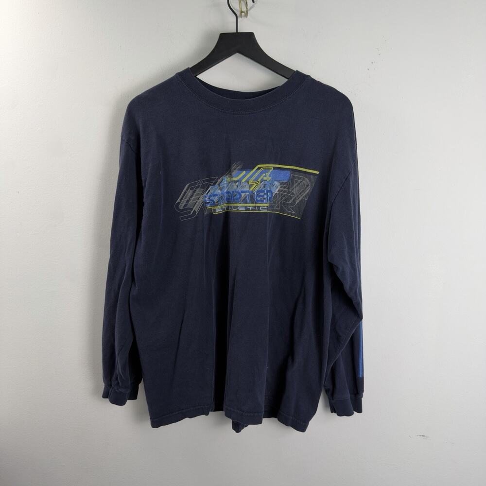 Vintage Starter Shirt Mens Large Navy Faded Long Sleeve Hit Graphic 90s RARE
